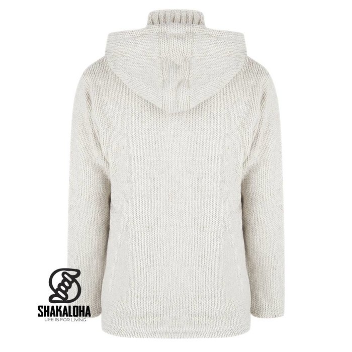Shakaloha Chaleco de punto de lana Shakaloha con capucha extraíble y cremallera en beige y crema, forro polar - Hombre/Unisex - Hecho a mano en Nepal con lana de oveja