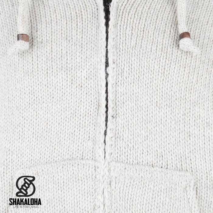 Shakaloha Shakaloha Knitted Woolen Jacket Flash Ziphood Beige Cream with Fleece Lining and Detachable Hood - Men - Unisex - Handmade in Nepal from sheep's wool