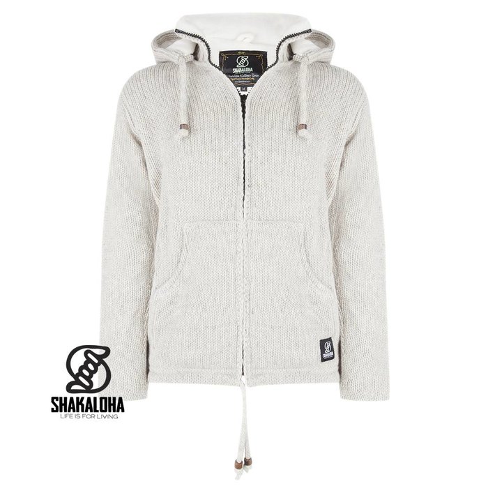 Shakaloha Chaleco de punto de lana Shakaloha con capucha extraíble y cremallera en beige y crema, forro polar - Hombre/Unisex - Hecho a mano en Nepal con lana de oveja