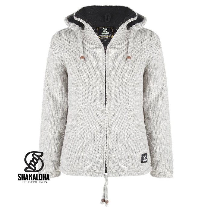 Shakaloha Shakaloha Knitted Woolen Jacket Flash Ziphood Gray with Fleece Lining and Detachable Hood - Men - Unisex - Handmade in Nepal from sheep's wool