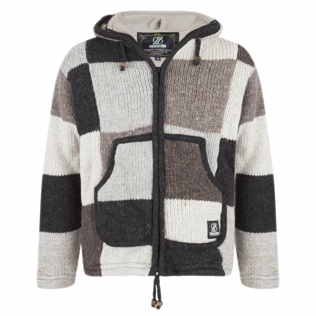Shakaloha Shakaloha Knitted Woolen Jacket Patch NH Natural colors with Fleece Lining and Hood with inner collar - Men - Unisex - Handmade in Nepal from sheep's wool