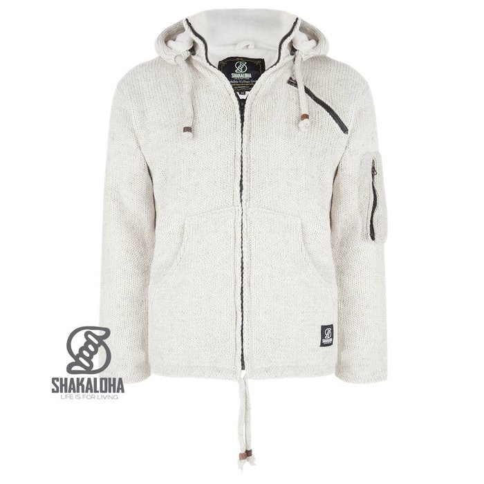 Shakaloha Cárdigan de punto Shakaloha de lana con capucha y cremallera en beige y crema, forro polar y capucha desmontable - Hombre/Unisex - Hecho a mano en Nepal con lana de oveja