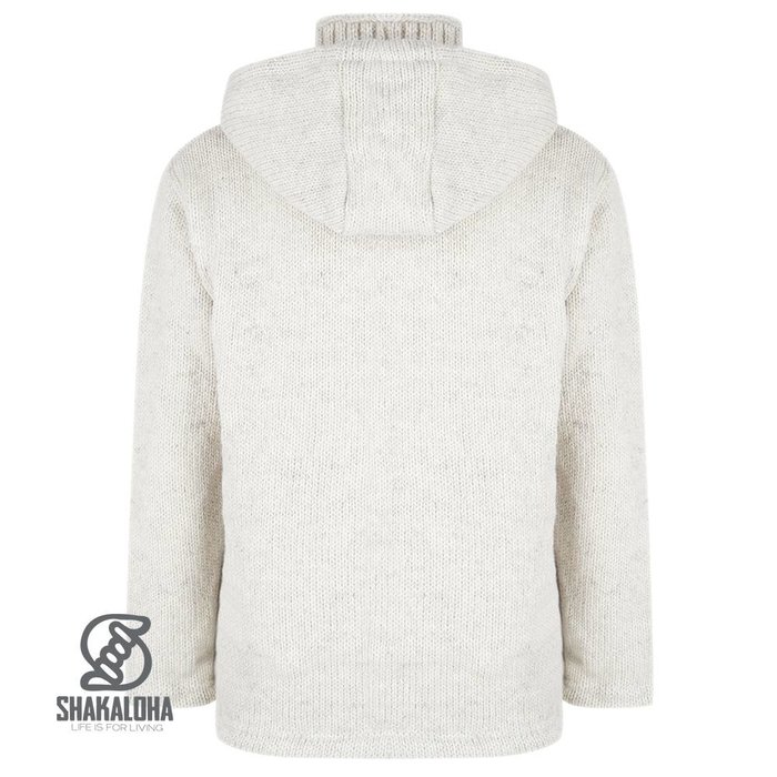 Shakaloha Cárdigan de punto Shakaloha de lana con capucha y cremallera en beige y crema, forro polar y capucha desmontable - Hombre/Unisex - Hecho a mano en Nepal con lana de oveja
