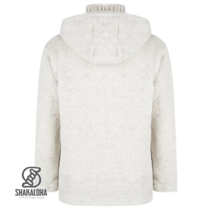 Shakaloha Shakaloha Knitted Woolen Jacket Crush Ziphood Beige Cream with Fleece Lining and Detachable Hood - Men - Unisex - Handmade in Nepal from sheep's wool
