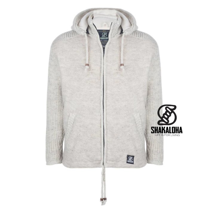 Shakaloha Chaleco de punto de lana Shakaloha Finn beige crema con forro polar y capucha desmontable - Hombre/Unisex - Hecho a mano en Nepal con lana de oveja