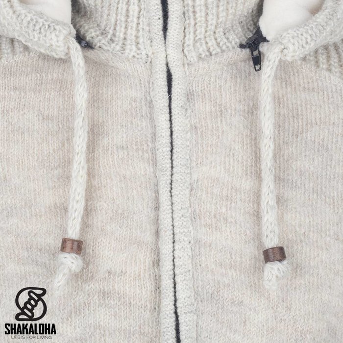 Shakaloha Chaleco de punto de lana Shakaloha Finn beige crema con forro polar y capucha desmontable - Hombre/Unisex - Hecho a mano en Nepal con lana de oveja