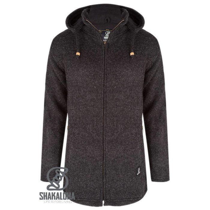 Shakaloha Shakaloha Knitted Woolen Jacket Baltonic Anthracite with Fleece Lining and Detachable Hood - Woman - Handmade in Nepal from sheep's wool