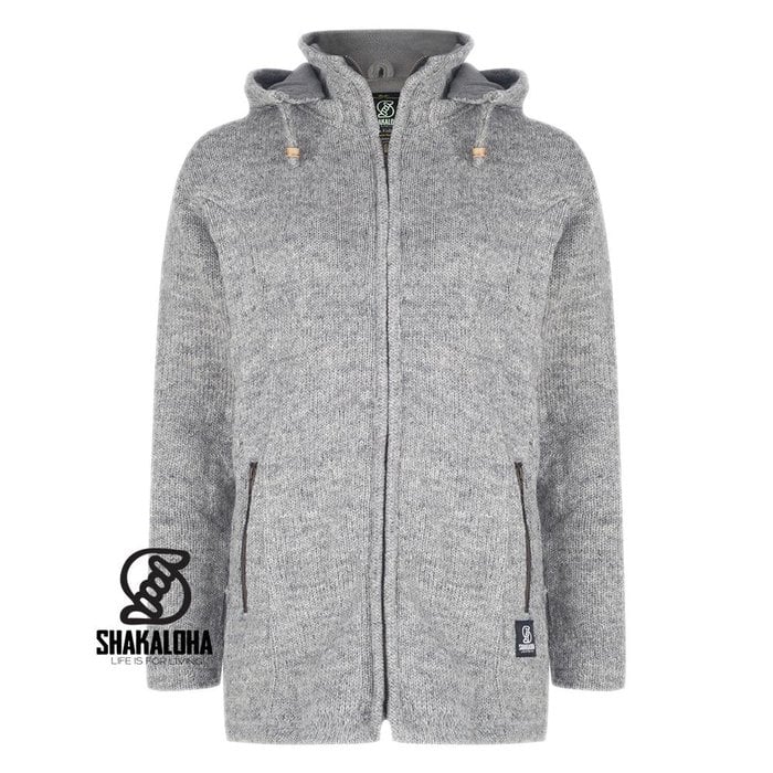 Shakaloha Chaleco de punto de lana Shakaloha gris baltónico con forro polar y capucha desmontable - Mujer - Hecho a mano en Nepal con lana de oveja