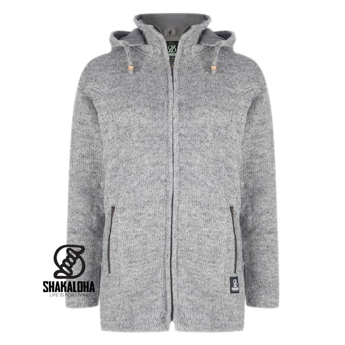 Shakaloha Shakaloha Veste en Laine Tricoté Baltonic gris avec Doublure en polaire et Capuche détachable - Femmes - Fabriqué à la main au Népal en laine de mouton