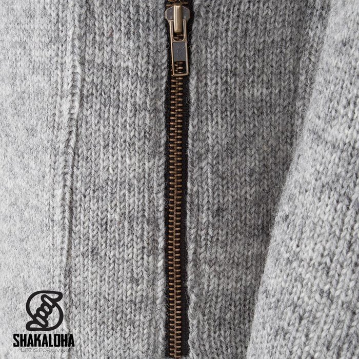 Shakaloha Shakaloha Gestrickte Wollweste Baltonic Grey mit Fleecefutter und abnehmbarer Kapuze – Damen – Handgefertigt in Nepal aus Schafwolle