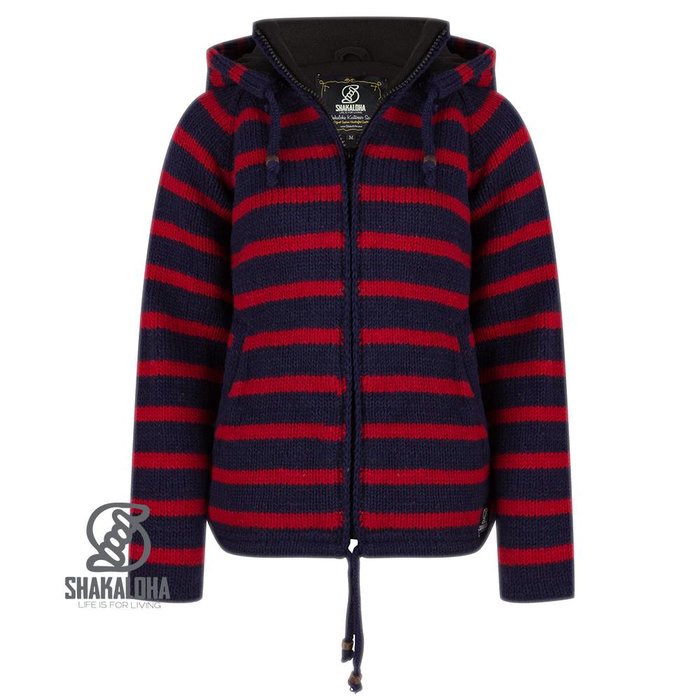 Shakaloha Shakaloha Gebreid Wollen Vest Breton Ziphood Navy Blauw Rood met Fleece Voering en Afneembare Capuchon - Dames - Handgemaakt in Nepal van Schapenwol