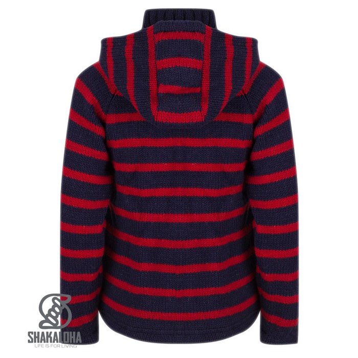 Shakaloha Shakaloha Gebreid Wollen Vest Breton Ziphood Navy Blauw Rood met Fleece Voering en Afneembare Capuchon - Dames - Handgemaakt in Nepal van Schapenwol