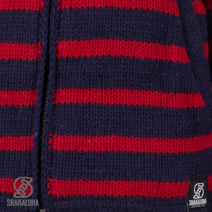 Shakaloha Shakaloha Veste en Laine Tricoté Breton Ziphood Bleu marine rouge avec Doublure en polaire et Capuche détachable - Femmes - Fabriqué à la main au Népal en laine de mouton