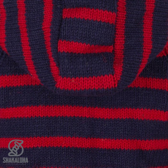 Shakaloha Shakaloha Veste en Laine Tricoté Breton Ziphood Bleu marine rouge avec Doublure en polaire et Capuche détachable - Femmes - Fabriqué à la main au Népal en laine de mouton