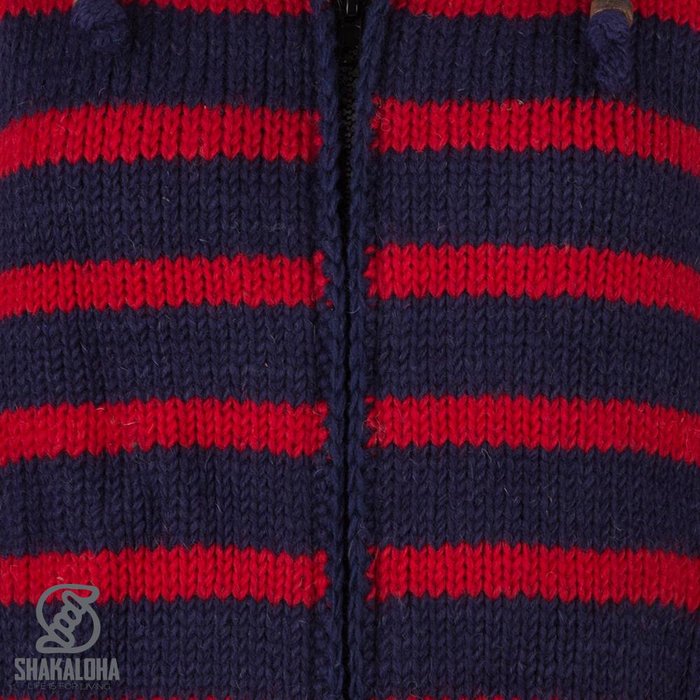 Shakaloha Shakaloha Gebreid Wollen Vest Breton Ziphood Navy Blauw Rood met Fleece Voering en Afneembare Capuchon - Dames - Handgemaakt in Nepal van Schapenwol
