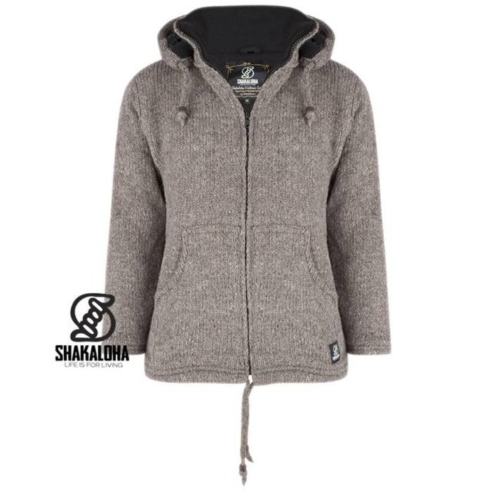 Shakaloha Chaleco de punto de lana Shakaloha Flash Ziphood marrón claro con forro polar y capucha desmontable - Hombre/Unisex - Hecho a mano en Nepal con lana de oveja
