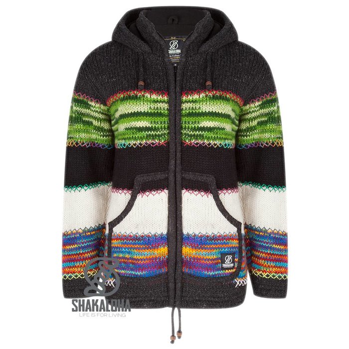Shakaloha Shakaloha Veste en Laine Tricoté Paisly Anthracite multicolore avec Doublure en polaire et Capuche avec col intérieur - Femmes - Fabriqué à la main au Népal en laine de mouton