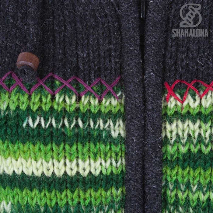 Shakaloha Shakaloha Gebreid Wollen Vest Paisly Antraciet Multicolor met Fleece Voering en Capuchon met Binnenkraag - Dames - Handgemaakt in Nepal van Schapenwol