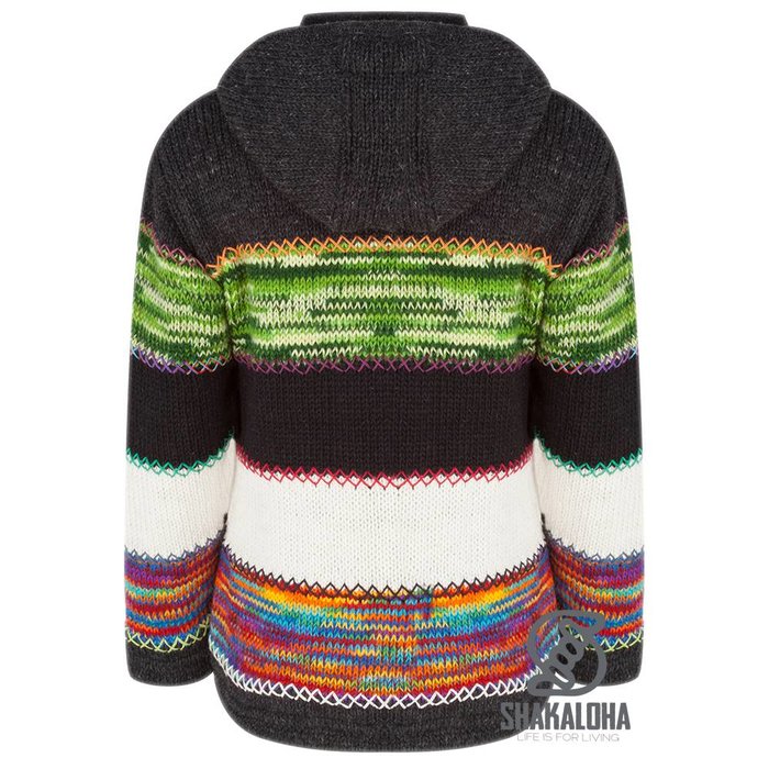 Shakaloha Shakaloha Gestrickte Wollweste Paisly Anthrazit Multicolor mit Fleecefutter und Kapuze mit Innenkragen – Damen – Handgefertigt in Nepal aus Schafwolle