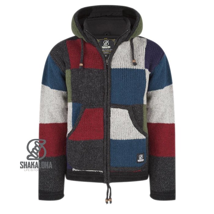 Shakaloha Chaleco de punto de lana Shakaloha con parche NH de piel multicolor con forro polar y capucha con cuello interior - Hombre/Unisex - Hecho a mano en Nepal con lana de oveja