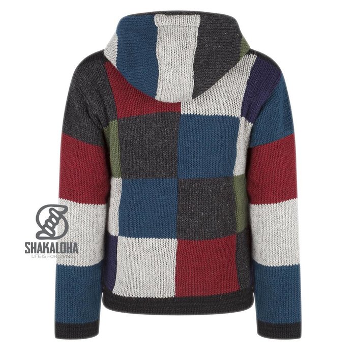 Shakaloha Shakaloha Knitted Woolen Jacket Patch NH Multi-colored with Fleece Lining and Hood with inner collar - Men - Unisex - Handmade in Nepal from sheep's wool