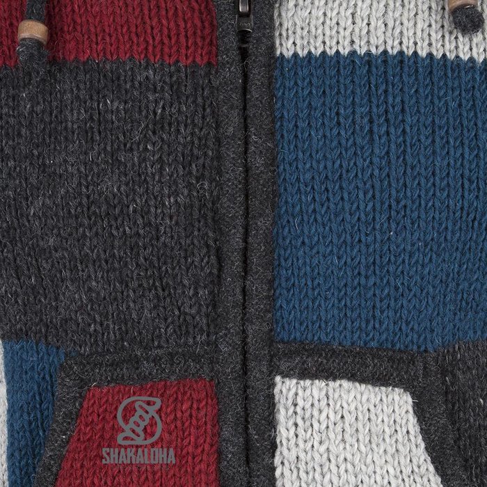 Shakaloha Shakaloha Gestrickte Wollweste Patch NH Mehrfarbiges Fell mit Fleecefutter und Kapuze mit Innenkragen – Herren/Uni – Handgefertigt in Nepal aus Schafwolle