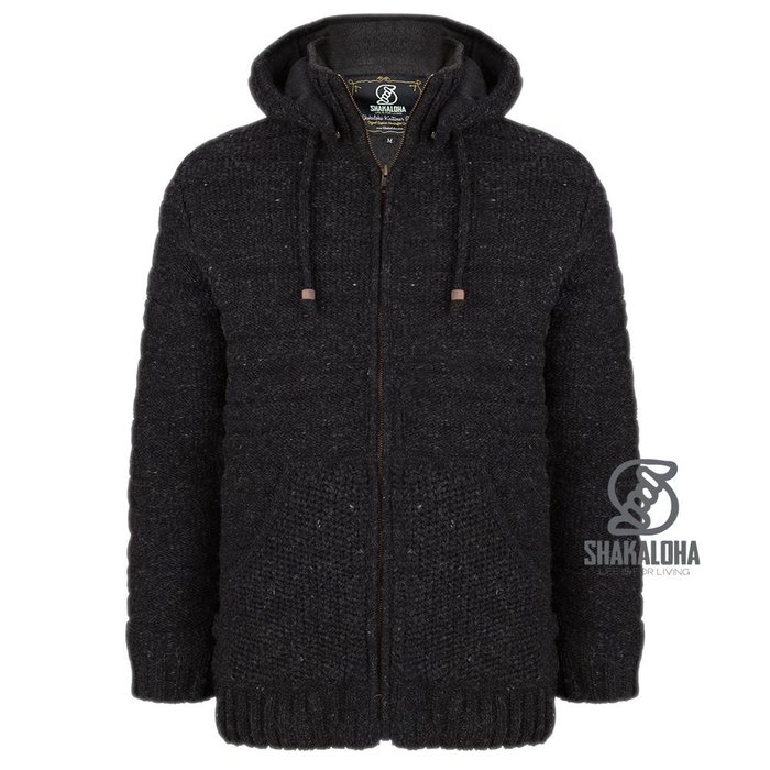 Shakaloha Shakaloha Gebreid Wollen Vest Chuck Ziphood Antraciet met Fleece Voering en Afneembare Capuchon - Man/Uni - Handgemaakt in Nepal van Schapenwol