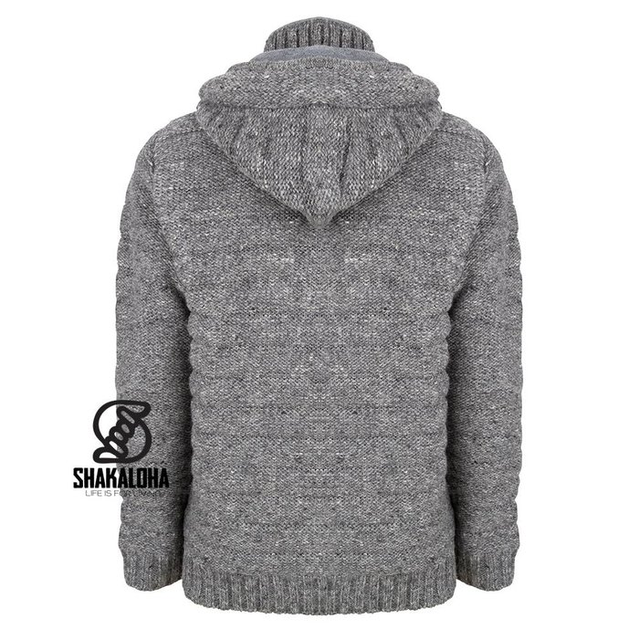 Shakaloha Gilet tricoté en laine Shakaloha Chuck Ziphood gris avec doublure polaire et capuche amovible - Homme/Uni - Fabriqué au Népal en laine de mouton