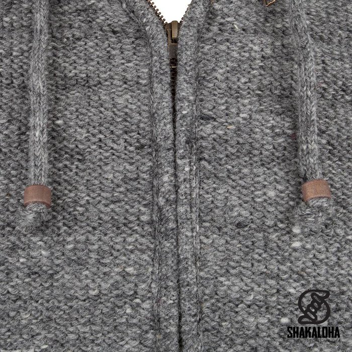 Shakaloha Chaleco de punto de lana Shakaloha Chuck Ziphood gris con forro polar y capucha desmontable - Hombre/Unisex - Hecho a mano en Nepal con lana de oveja