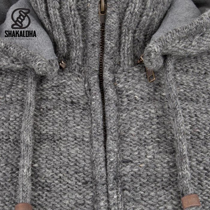 Shakaloha Gilet tricoté en laine Shakaloha Chuck Ziphood gris avec doublure polaire et capuche amovible - Homme/Uni - Fabriqué au Népal en laine de mouton