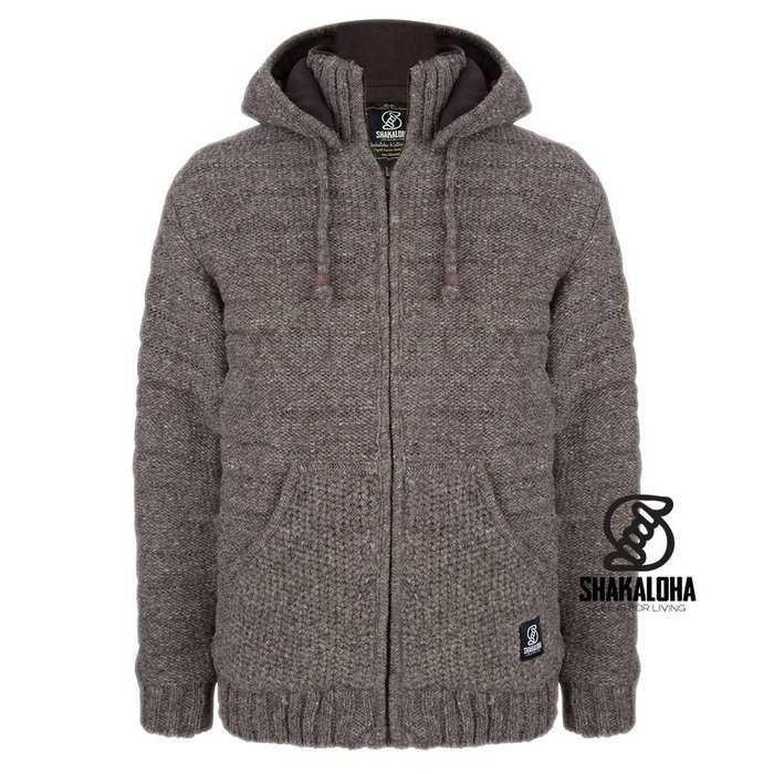 Shakaloha Shakaloha Strick-Woll-Cardigan Chuck Zip Hood Hellbraun Taupe mit Fleecefutter und abnehmbarer Kapuze – Herren/Uni – Handgefertigt in Nepal aus Schafwolle