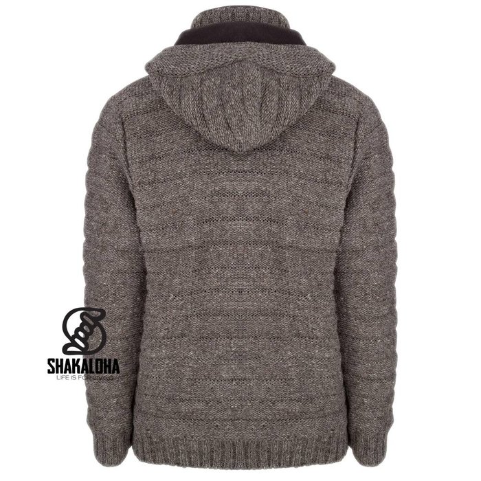 Shakaloha Shakaloha Strick-Woll-Cardigan Chuck Zip Hood Hellbraun Taupe mit Fleecefutter und abnehmbarer Kapuze – Herren/Uni – Handgefertigt in Nepal aus Schafwolle