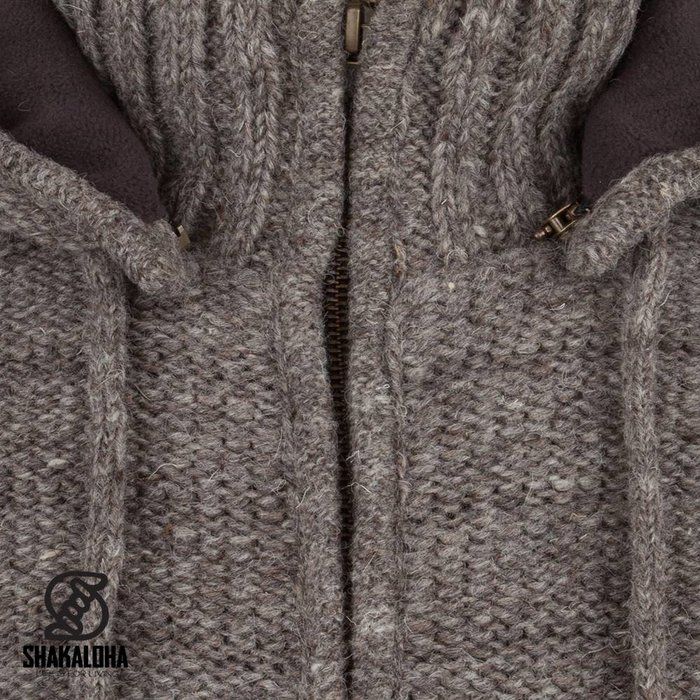 Shakaloha Shakaloha Veste en Laine Tricoté Chuck Ziphood Taupe marron clair avec Doublure en polaire et Capuche détachable - Hommes - Uni - Fabriqué à la main au Népal en laine de mouton