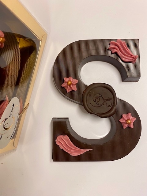 Dark chocolate letter with raspberry filling