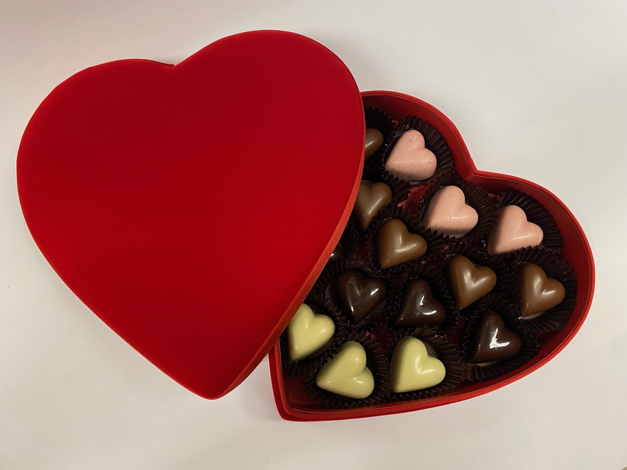 Velvet heart box with heart chocolates