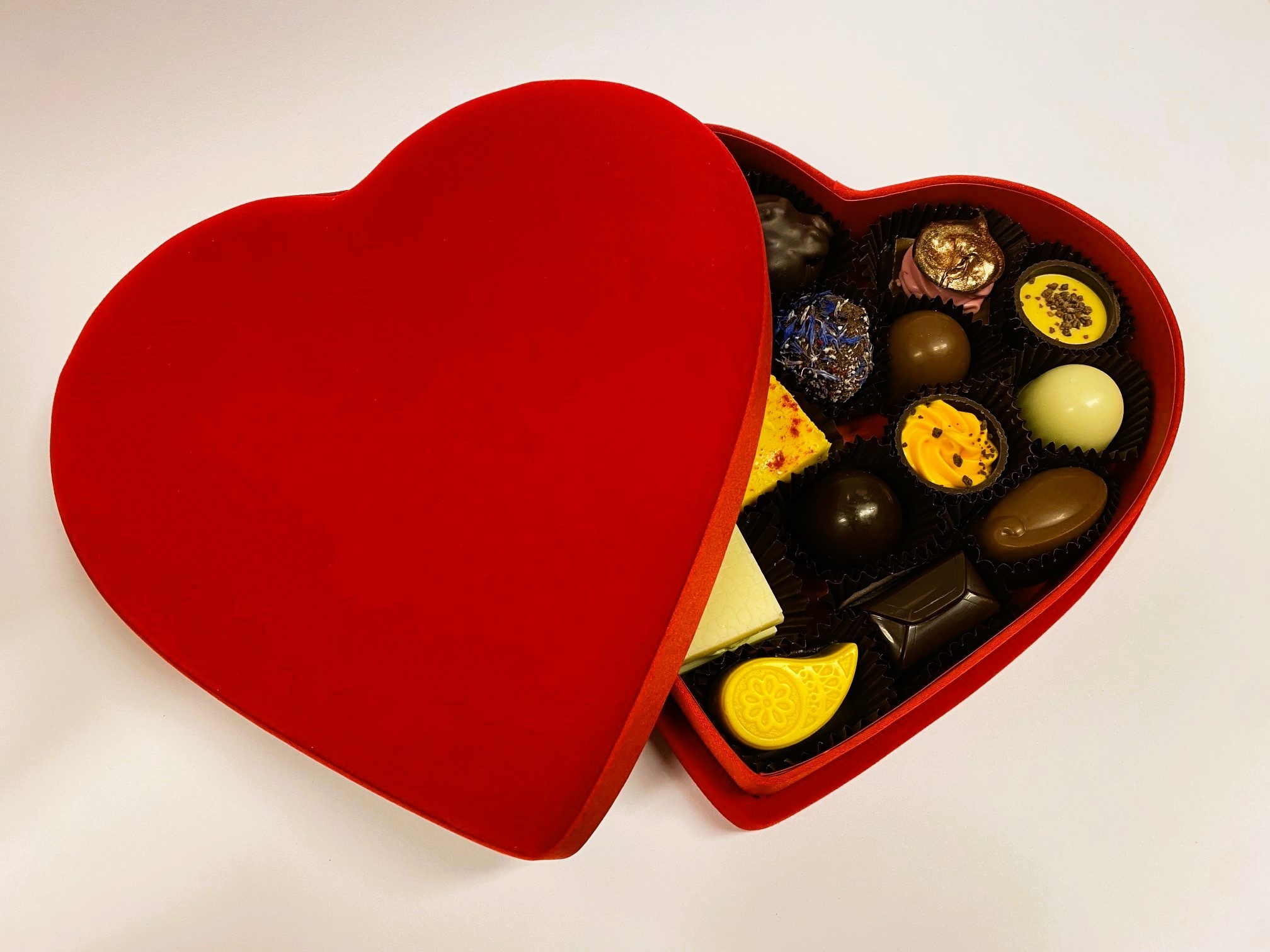 Velvet heart box with mixed chocolates