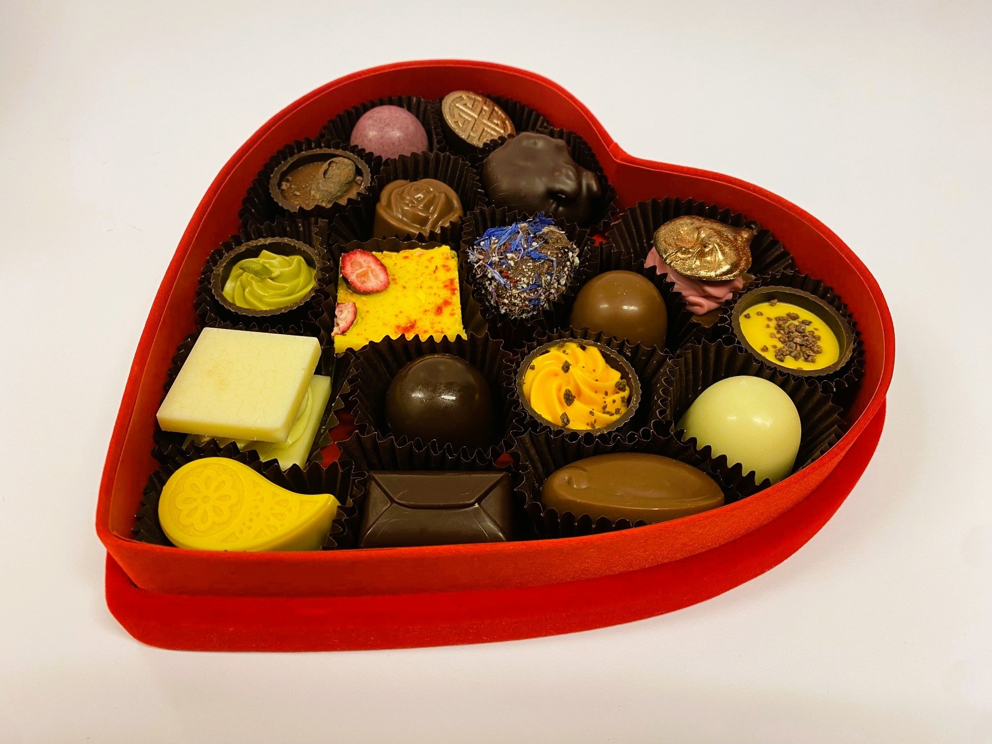 Velvet heart box with mixed chocolates