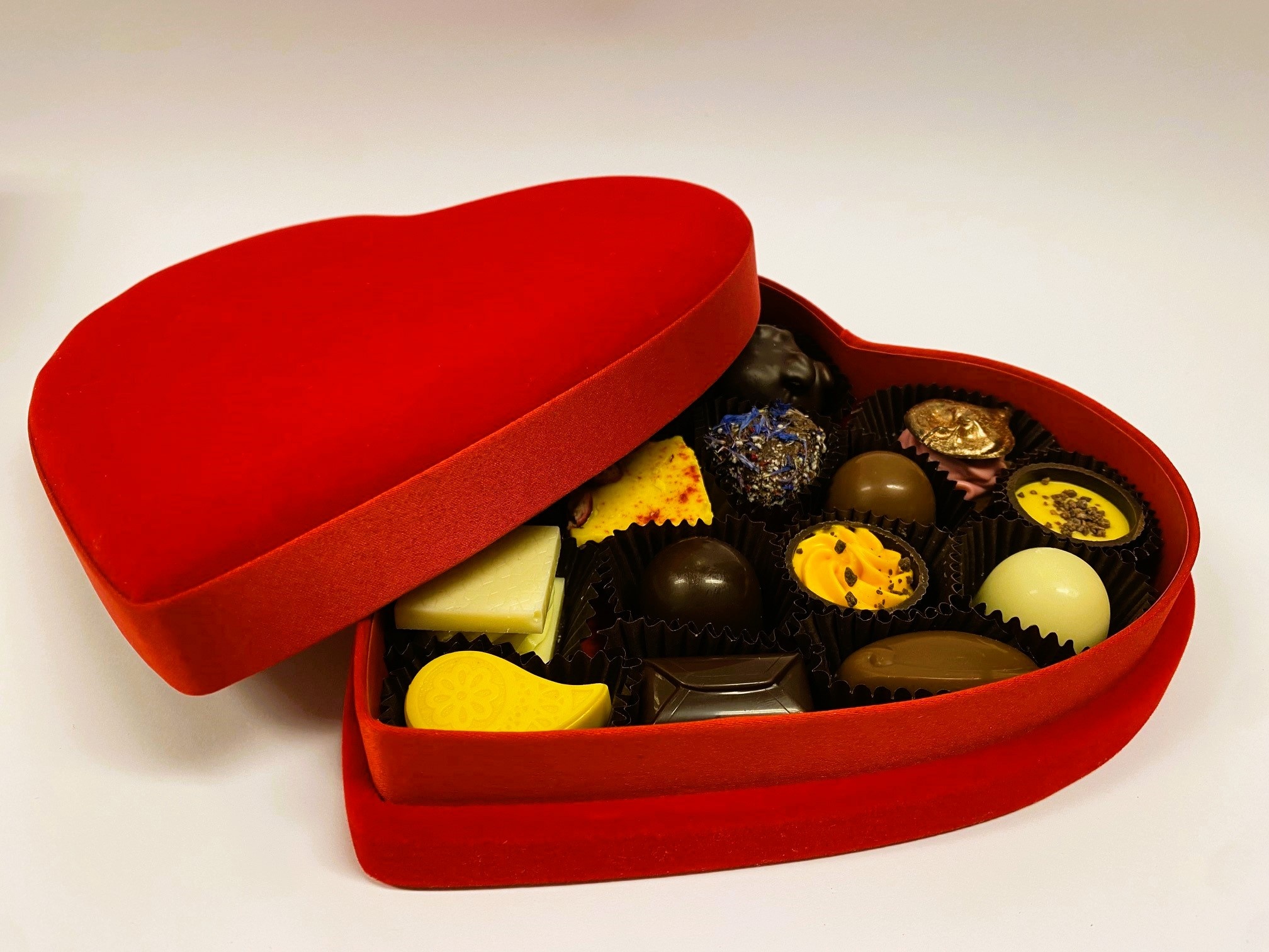 Velvet heart box with mixed chocolates