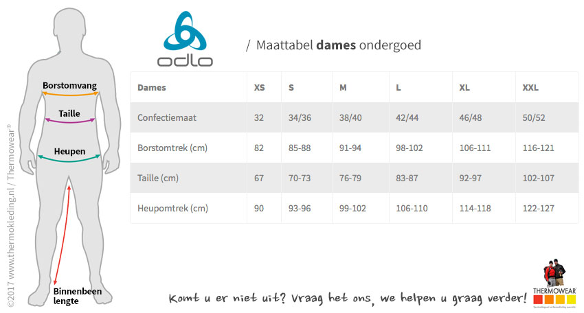 Maattabel Odlo thermokleding Dames