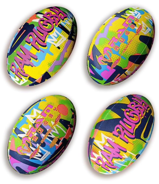 RAM Rugby Graffiti Fun Design Squad Trainer Ballon de Rugby – Pour Enfants et Adultes – Ballon de Rugby d'entraînement de qualité Club – Prise en Main 3D – Excellent Cadeau