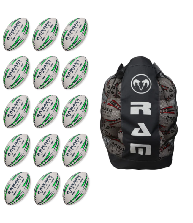 RAM Rugby 15x  Academy Trainer Rugby Ball Bundle + Große Balltasche