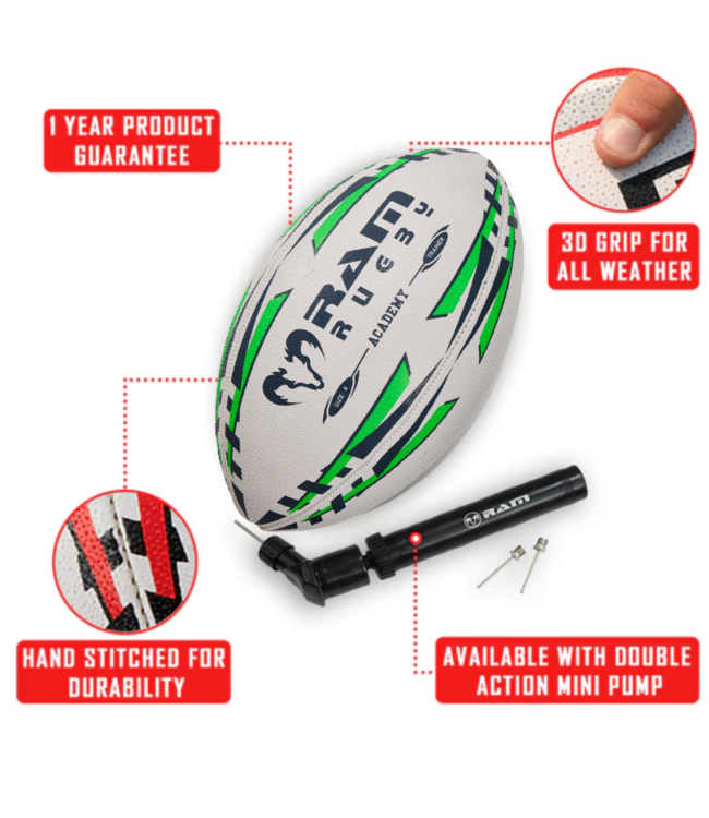 RAM Rugby 15x Academy Trainer Rugbybal Bundel inclusief ballenzak