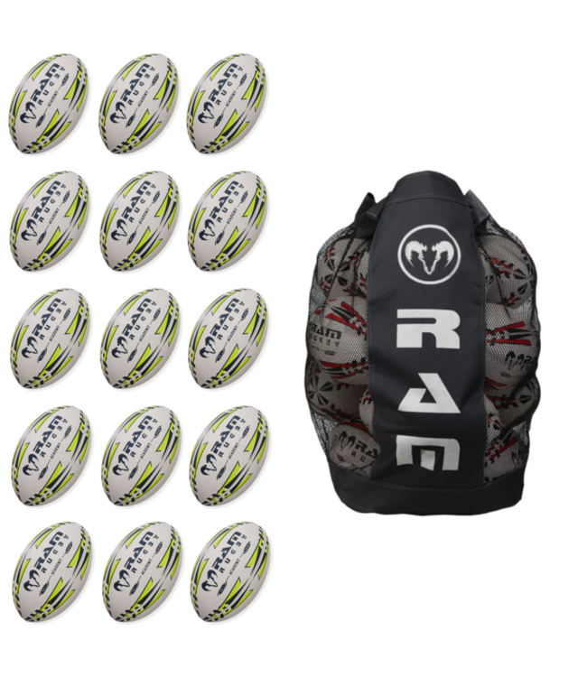 RAM Rugby 15x  Academy Trainer Rugby Ball Bundle + Große Balltasche