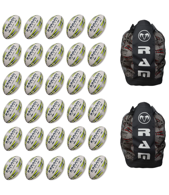 RAM Rugby 30x Academy Trainer Rugby Ball Bundle avec sac respirant pour le ballon