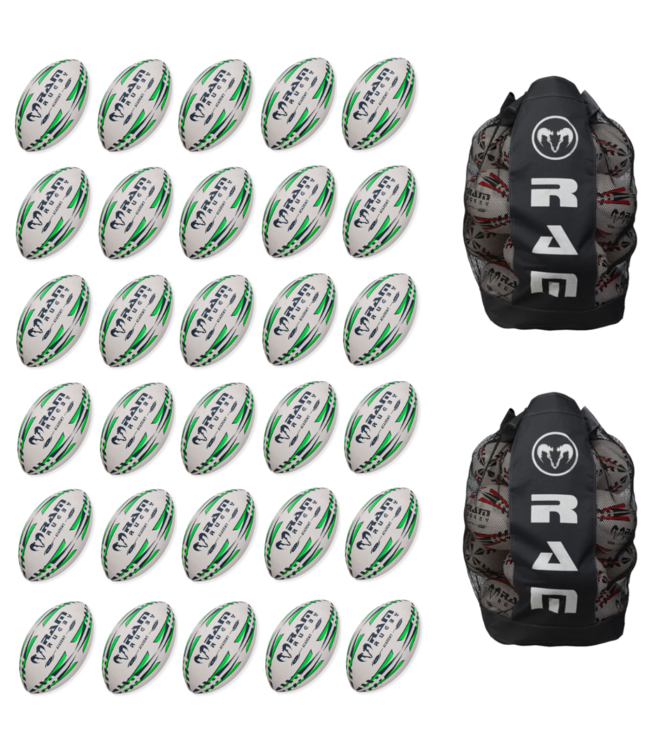 RAM Rugby 30x Academy Trainer Rugby Ball Bundle avec sac respirant pour le ballon