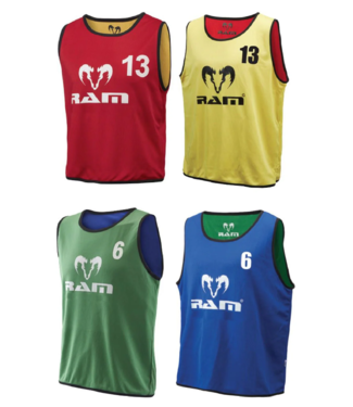 RAM Rugby nr.1tm15, dubbel-zijdig draagbare, 2-kleurige shirts/hesjes. Genummerd 1 tm 15, Traininghesjes