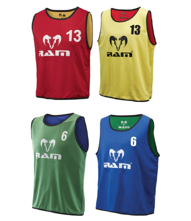 RAM Rugby nr.1tm15, dubbel-zijdig draagbare, 2-kleurige shirts/hesjes. Genummerd 1 tm 15, Traininghesjes