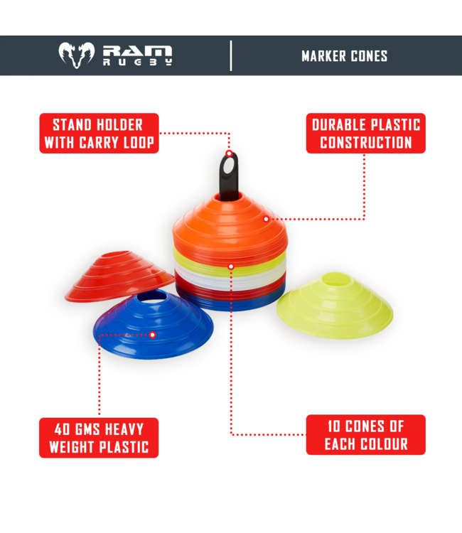 RAM Rugby 50x Markeer Pylonen / Cones / Hoedjes