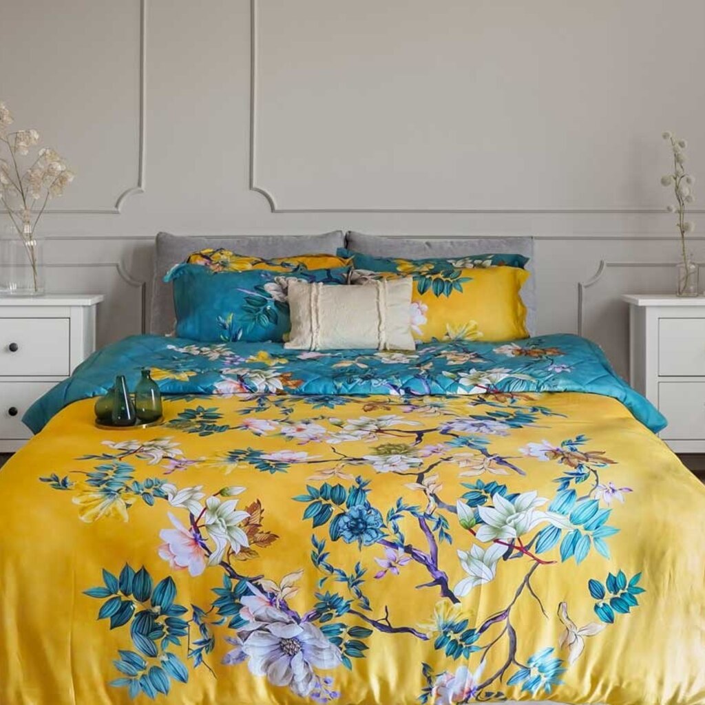 Suite Sheets Katoen Satijnen Dekbedovertrek Floral Vine Yellow & Blue - Lits Jumeaux Dekbedovertrek