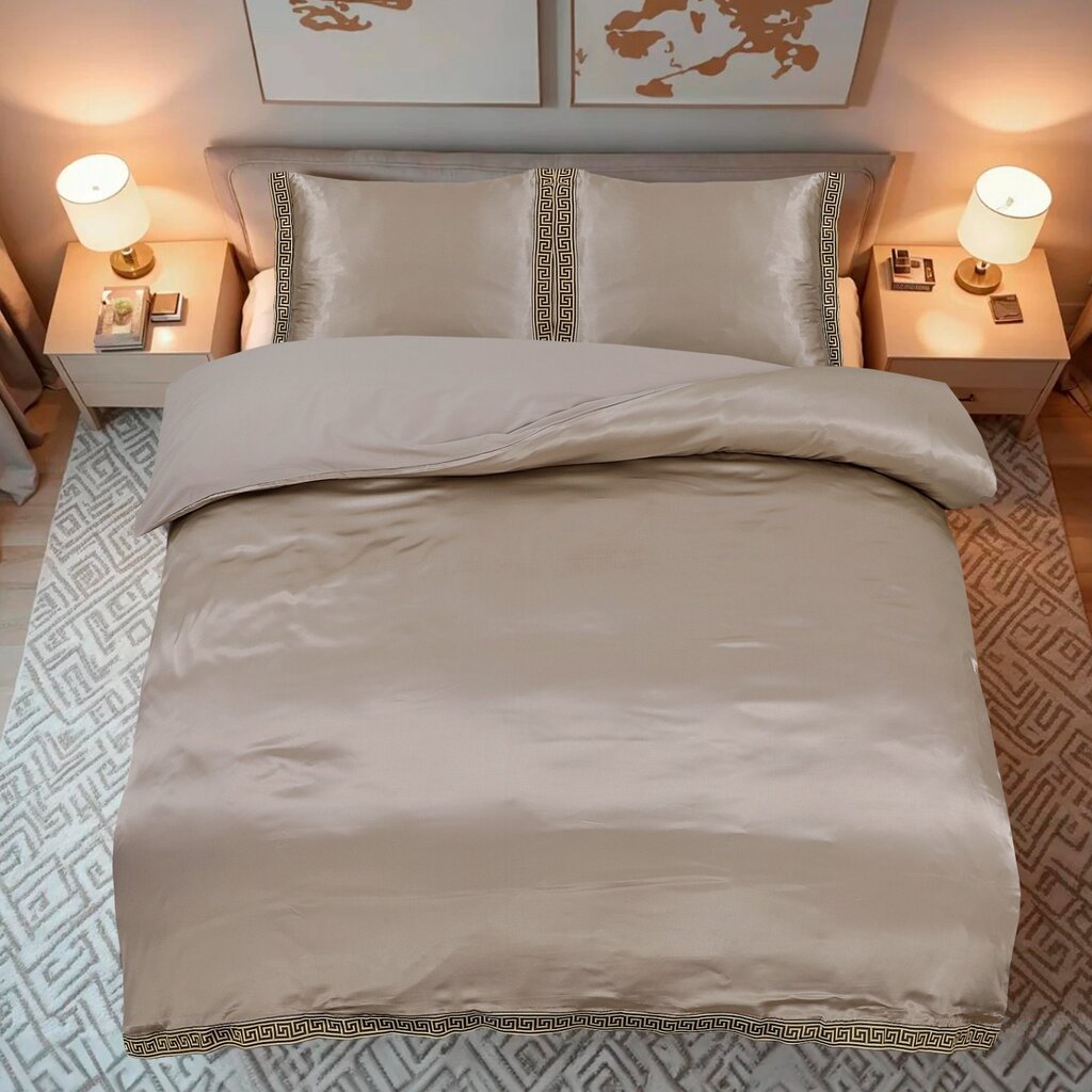 Beau Maison Glanzend Satijnen Dekbedovertrek met Lace / Griekse Sleutel / Versace - Taupe